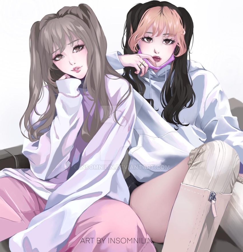 2girls aegyo_sal artist_name black_shorts boots brown_eyes brown_hair deviantart_logo eyeshadow highres hood hood_down hoodie insomnilin long_hair looking_at_viewer makeup mask mask_around_neck multicolored_hair multiple_girls original pants parted_lips pink_eyeshadow pink_pants pink_sweater red_lips shorts sleeves_past_wrists smile sweater thighhighs thighs twintails two-tone_hair watermark web_address white_footwear white_hoodie white_thighhighs