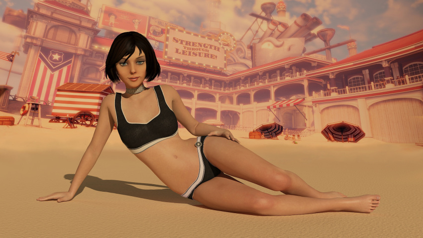 3d arm_support bare_shoulders barefoot beach beach_umbrella bikini billboard bioshock_(series) bioshock_infinite black_bikini black_hair blue_eyeshadow blue_sky bob_cut breasts building cart closed_mouth cloud daz_studio_(medium) elizabeth_(bioshock_infinite) english_commentary eyeshadow female flag full_body grey_choker hand_on_own_thigh highres lifebuoy lifeguard_chair lips looking_at_viewer lying makeup medium_breasts midriff navel on_side outdoors pink_lips pseudonym3d sand sepia shadow short_hair sky smile solo swept_bangs swim_ring swimsuit toes umbrella