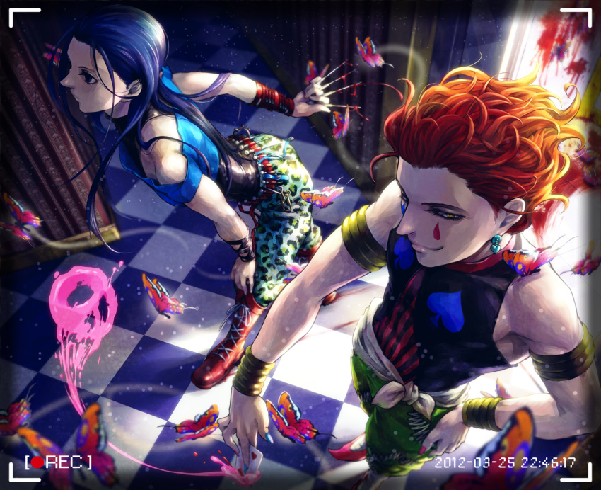 2boys animal_print armband black_bracelet black_eyes black_hair blood blood_on_wall blue_shirt boots bracelet bug butterfly card checkered_floor dynamic_pose full_body green_pants hair_slicked_back hisoka_morow holding holding_card holding_needle hunter_x_hunter illumi_zoldyck jewelry long_hair looking_at_viewer looking_to_the_side magic multiple_boys needle off-shoulder_shirt off_shoulder pants pechiko red_footwear red_hair shirt skull sleeveless sleeveless_shirt viewfinder wavy_hair yellow_armband yellow_wristband