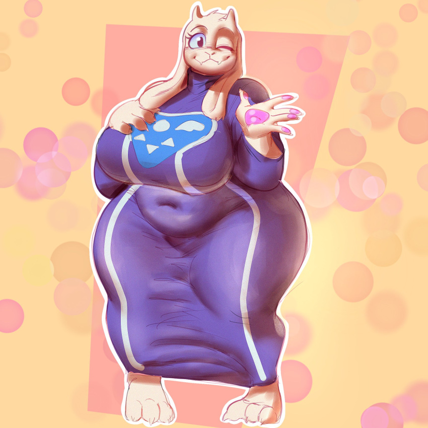 2_horns 4_toes anthro apron big_breasts black_eyes boss_monster_(undertale) bovid breasts caprine claws clothing curvy_figure cute_fangs delta_rune_(emblem) dress feet female floppy_ears fur greatalmightyjj hi_res horn huge_breasts mammal one_eye_closed overweight overweight_female pawpads paws pink_pawpads pose pupils purple_clothing purple_dress short_horn short_tail simple_background small_horn solo standing symbol tail toes toriel undertale undertale_(series) voluptuous voluptuous_female white_body white_fur white_horn white_pupils white_tail wide_hips wink yellow_background