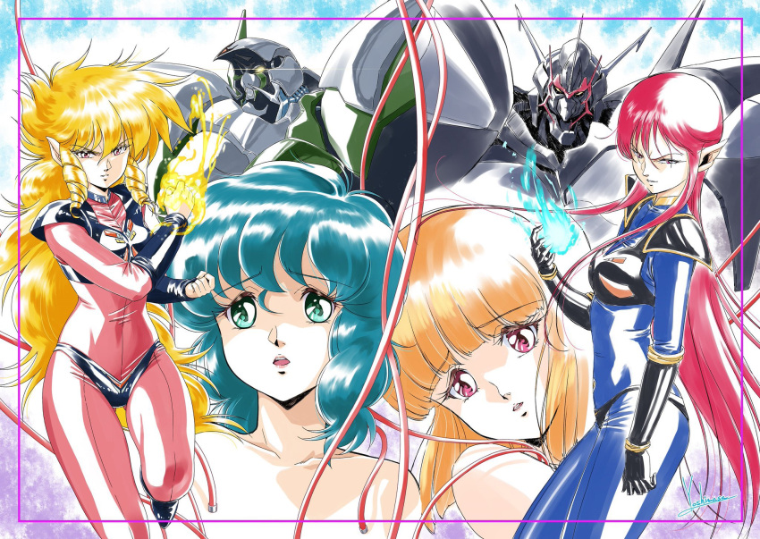 1980s_(style) 4girls armor black_armor blonde_hair blue_bodysuit blue_hair bodysuit boots brown_hair drill_hair energy gloves green_eyes highres iczer-1 iczer-2 iczer_(series) iczer_robo iczer_sigma kanou_nagisa knee_boots long_hair looking_at_viewer mecha multiple_girls pink_bodysuit pointy_ears psychic red_eyes red_hair retro_artstyle robot sepia_(iczer-1) short_hair shoulder_pads sidelocks tatakae!!_iczer-1 yellow_eyes yoshinaga_masahiro yuri