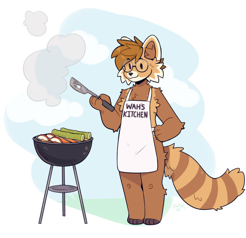 ailurid anthro apple apron apron_only bamboo clothing cooking eyewear fleurfurr food fruit glasses grill grilling hi_res holding_object holding_spatula holding_tool male mammal oscar_imitaru_(some_dumm_wah) plant red_panda solo some_dumm_wah_(character) spatula tools