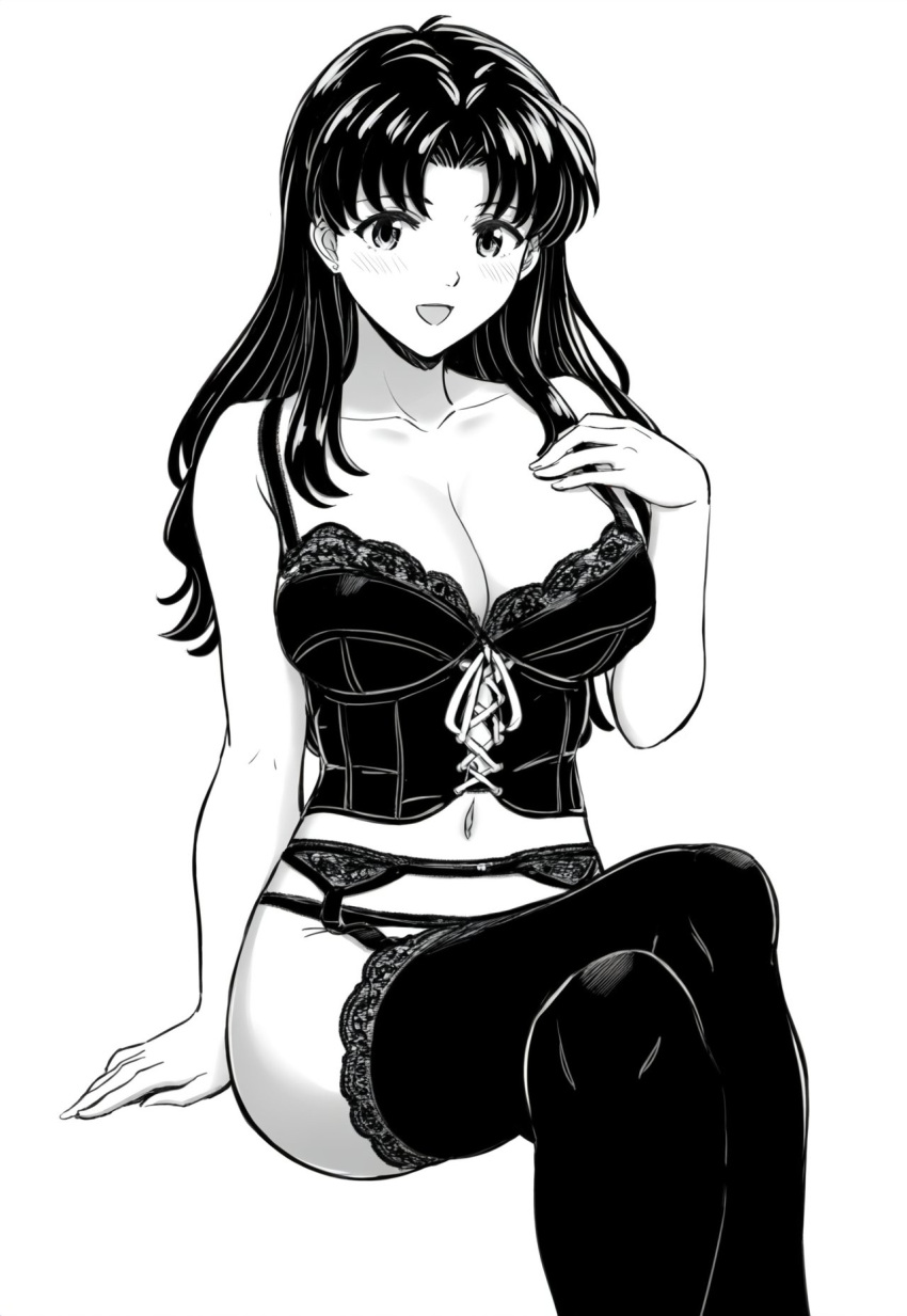 artist_request bare_shoulders black_bra black_panties blush bra breasts cleavage female garter_belt greyscale highres huge_breasts katsuragi_misato lace lace-trimmed_bra lace-trimmed_legwear lace_trim large_breasts lingerie long_hair looking_at_viewer monochrome navel neon_genesis_evangelion open_mouth panties smile solo thighhighs underwear underwear_only