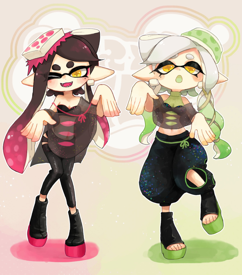 2girls absurdres adapted_costume bare_shoulders black_bra black_footwear black_hair black_leggings black_pants black_shawl blush_stickers boots bow-shaped_hair bra breasts brown_background callie_(splatoon) cephalopod_eyes cleavage clothing_cutout colored_tongue commentary_request cousins cropped_sweater cup_on_head ear_piercing food food-themed_hair_ornament full_body gold_ribbon gradient_hair green_footwear green_hair green_ribbons green_sweater green_tongue hair_ornament hair_ribbon halterneck highres leg_cutout leggings light_particles long_hair marie_(splatoon) mole mole_under_eye multicolored_hair multiple_girls navel one_eye_closed open_mouth pants piercing pink_eyes pink_footwear pink_hair pink_ribbon pointy_ears puffy_pants ribbon see-through see-through_shawl shadow sharp_teeth shawl smile smr_ika splatoon_(series) standing stirrup_footwear stomach sushi sweater teeth tentacle_hair thigh_cutout tress_ribbon two-tone_footwear underwear waist_ribbon white_hair yellow_eyes yellow_pupils