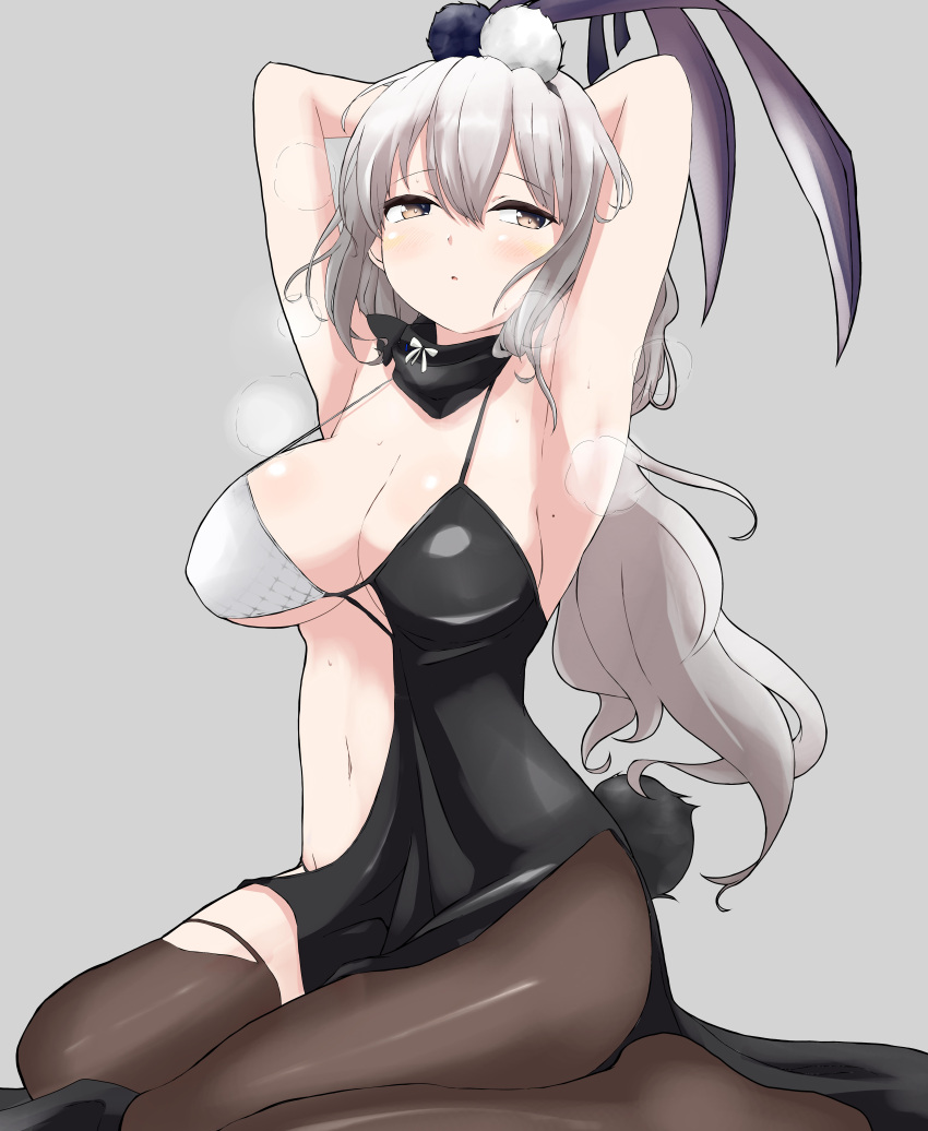 absurdres animal_ears armpits arms_up asymmetrical_clothes black_dress blush breasts brown_eyes brown_pantyhose cleavage commentary_request dress female full_body grey_background grey_hair hair_between_eyes highres kaavi large_breasts long_bangs long_hair looking_at_viewer mahjong_soul navel negetsu open_mouth pantyhose rabbit_ears rabbit_girl rabbit_tail seiza simple_background sitting sleeveless sleeveless_dress solo tail torn_clothes torn_pantyhose