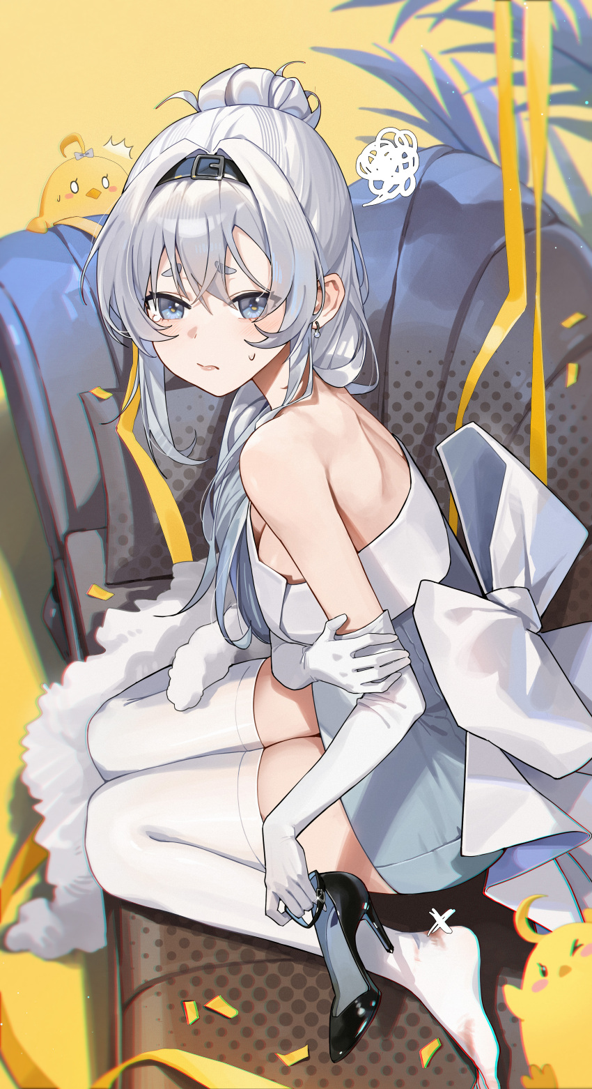 absurdres azur_lane black_footwear blue_eyes blush bon_homme_richard_(azur_lane) commission couch earrings female frown grey_hair hairband high_heels highres jewelry long_hair looking_at_viewer manjuu_(azur_lane) pixiv_commission ponytail rhtkd shoes sitting sweatdrop tears thighhighs unworn_shoes wariza white_thighhighs