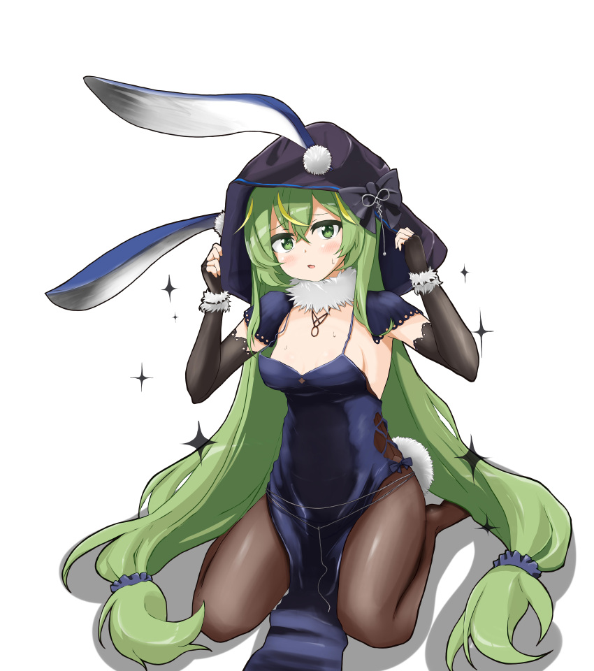 absurdres animal_ears black_bow black_dress black_gloves black_hood blonde_hair blush bow breasts brown_pantyhose commentary_request cosplay dress elbow_gloves fake_animal_ears fake_tail female fingerless_gloves full_body fur_collar gloves green_eyes green_hair hair_between_eyes hair_ornament hair_scrunchie highres hood hood_up kaavi kaavi_(cosplay) long_hair looking_at_viewer mahjong_soul medium_bangs multicolored_hair negetsu no_shoes open_mouth oversized_breast_cup pantyhose pelvic_curtain rabbit_ears rabbit_tail scrunchie seiza simple_background sitting sleeveless sleeveless_dress small_breasts solo streaked_hair tail very_long_hair white_background yuzu_(mahjong_soul)