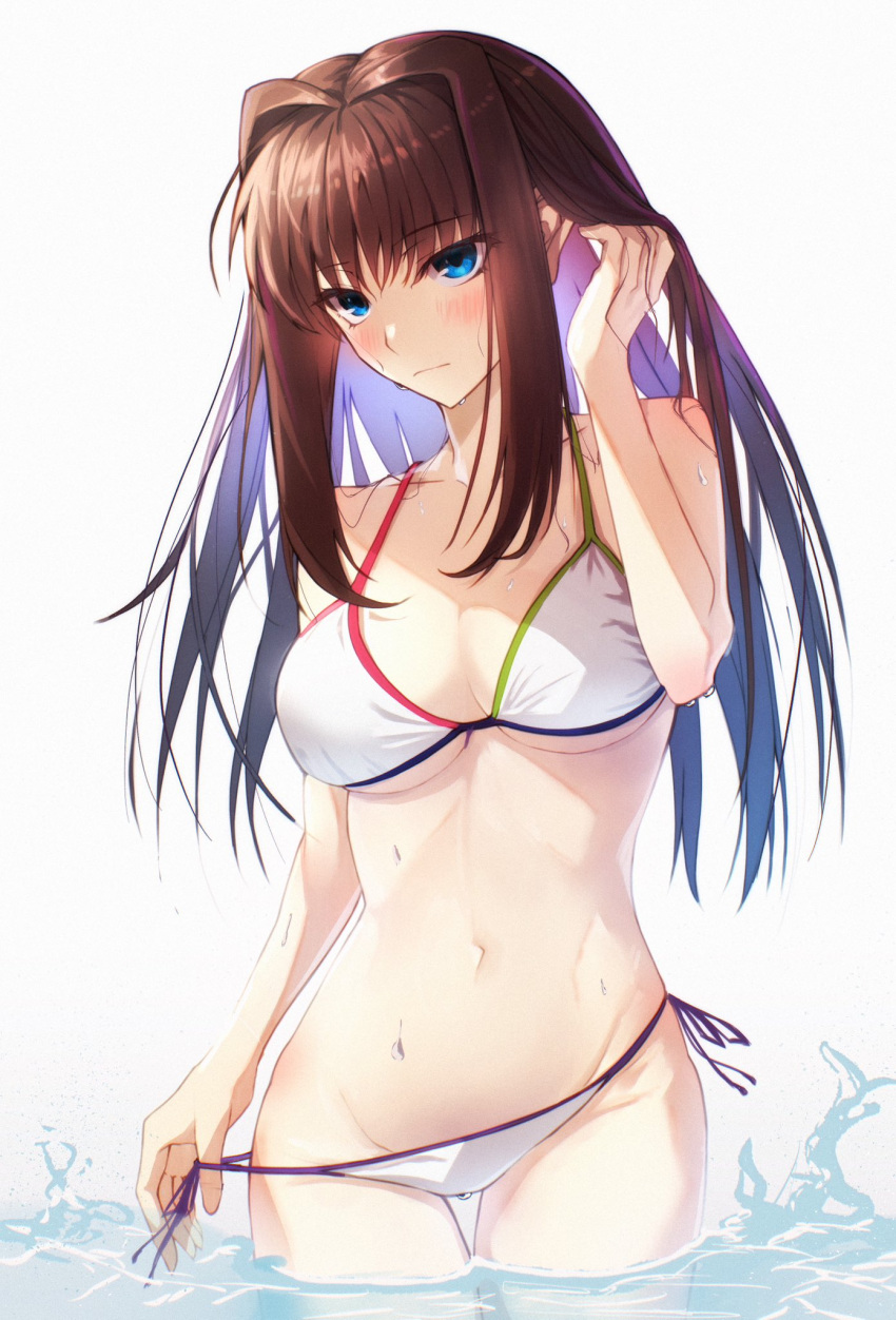 aozaki_aoko bikini bikini_tug blue_eyes blush brown_hair female hair_intakes highres long_hair mahou_tsukai_no_yoru navel side-tie_bikini_bottom swimsuit toomishou water wet white_bikini