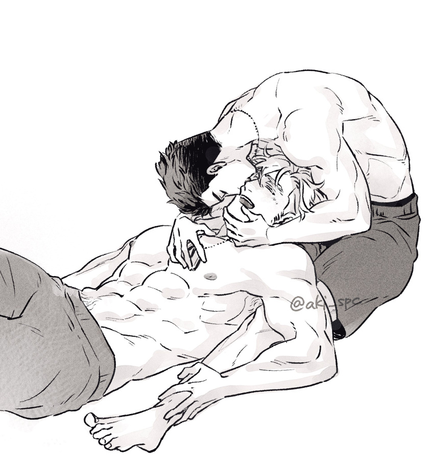 2boys abs aki_(supekutooru) ao_isami bara black_hair blonde_hair couple dog_tags facial_hair greyscale happy highres kissing large_pectorals laughing lewis_smith male_focus monochrome multiple_boys muscular muscular_male nipples pectorals sideburns_stubble stubble thick_eyebrows topless_male upside-down_kiss yaoi yuuki_bakuhatsu_bang_bravern