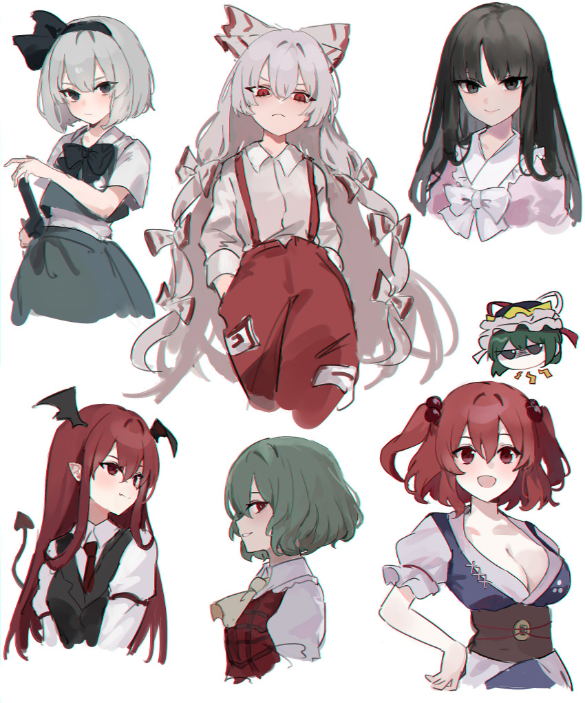 6+girls :d absurdres ascot black_bow black_bowtie black_eyes black_hair black_hairband black_ribbon black_vest blue_kimono bow bowtie breasts cleavage closed_mouth collared_shirt commentary_request cropped_legs cropped_torso demon_tail frown fujiwara_no_mokou green_hair green_skirt green_vest grey_hair hair_bobbles hair_ornament hairband hands_in_pockets head_wings highres houraisan_kaguya japanese_clothes kani_nyan kazami_yuuka kimono koakuma konpaku_youmu long_hair long_sleeves looking_at_viewer medium_hair multiple_girls necktie obi ofuda ofuda_on_clothes onozuka_komachi open_mouth pants parted_lips pink_shirt pointy_ears red_eyes red_hair red_necktie red_vest ribbon sash shiki_eiki shirt short_hair simple_background skirt smile suspenders tail touhou two_side_up very_long_hair vest white_background white_bow white_bowtie white_shirt wings yellow_ascot