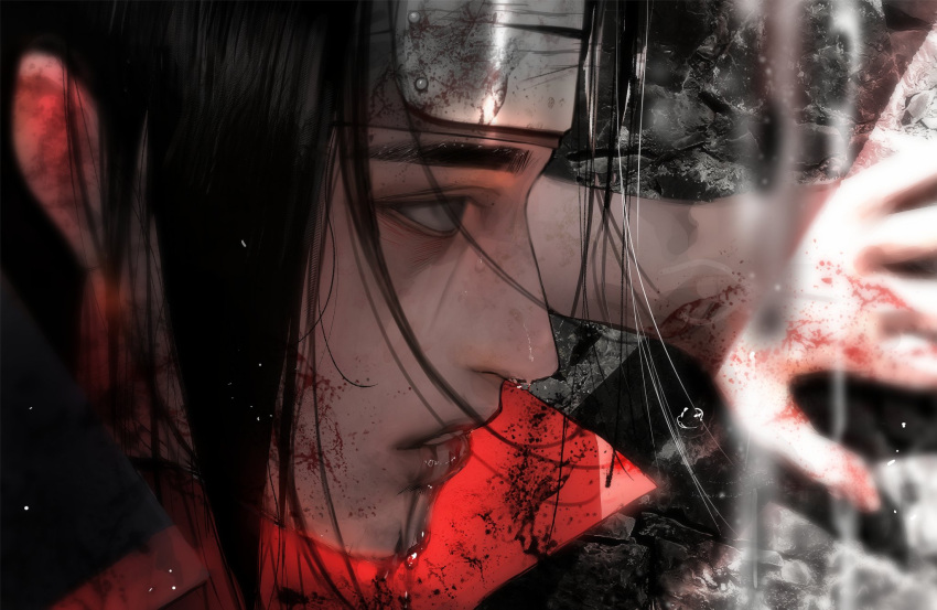 1boy black_hair blood blood_from_mouth blood_on_clothes blood_on_face blood_splatter collared_robe dripping_blood forehead_protector grey_eyes hair_behind_ear high_collar highres korean_commentary korean_text long_hair looking_ahead male_focus naruto_(series) naruto_shippuuden outstretched_arm parted_lips profile solo ssxssss_848 sweat sweatdrop teeth two-sided_fabric uchiha_itachi