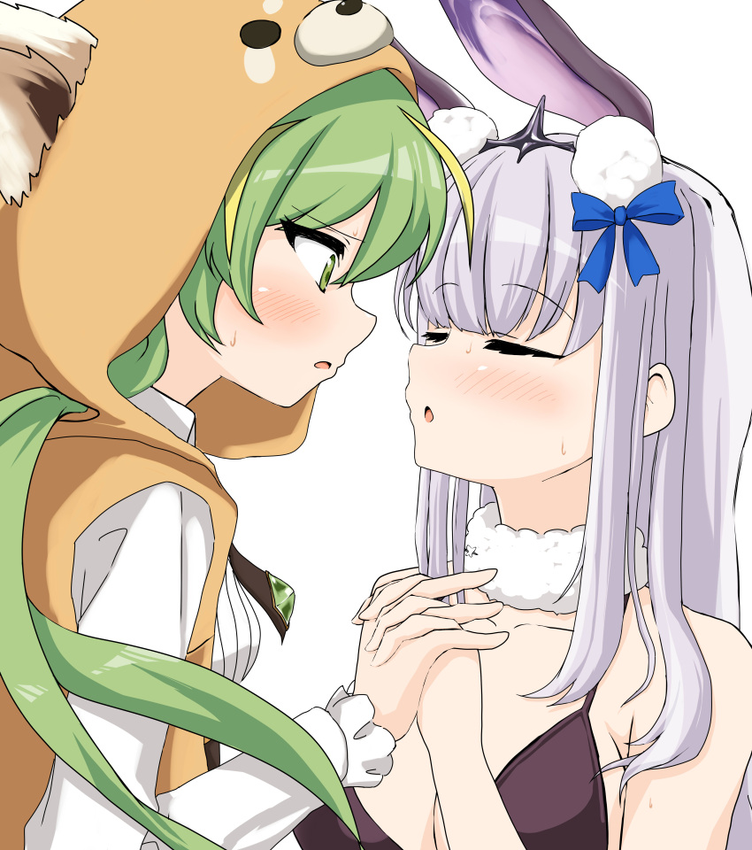 2girls :o absurdres animal_ears bikini black_bikini blonde_hair blue_bow blush bow breasts closed_eyes commentary_request green_eyes green_hair grey_hair hairbow highres holding_hands interlocked_fingers kaavi large_breasts long_hair looking_at_another low_twintails mahjong_soul medium_bangs multicolored_hair multiple_girls neck_fur negetsu open_mouth rabbit_ears red_panda_hood shirt simple_background streaked_hair swimsuit twintails upper_body white_background white_shirt yuri yuzu_(mahjong_soul)