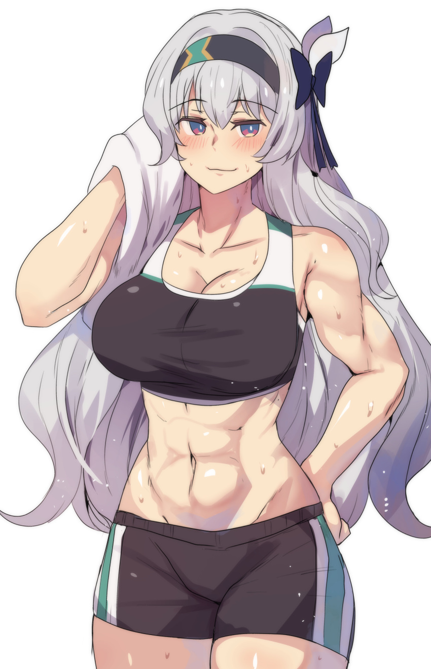 absurdres bare_arms bare_shoulders black_hairband black_shorts collarbone cowboy_shot crop_top english_commentary female firefly_(honkai:_star_rail) grey_hair hairband highres hinghoi holding holding_towel honkai:_star_rail honkai_(series) long_hair midriff navel purple_eyes short_shorts shorts solo sports_bra standing stomach sweat towel very_long_hair