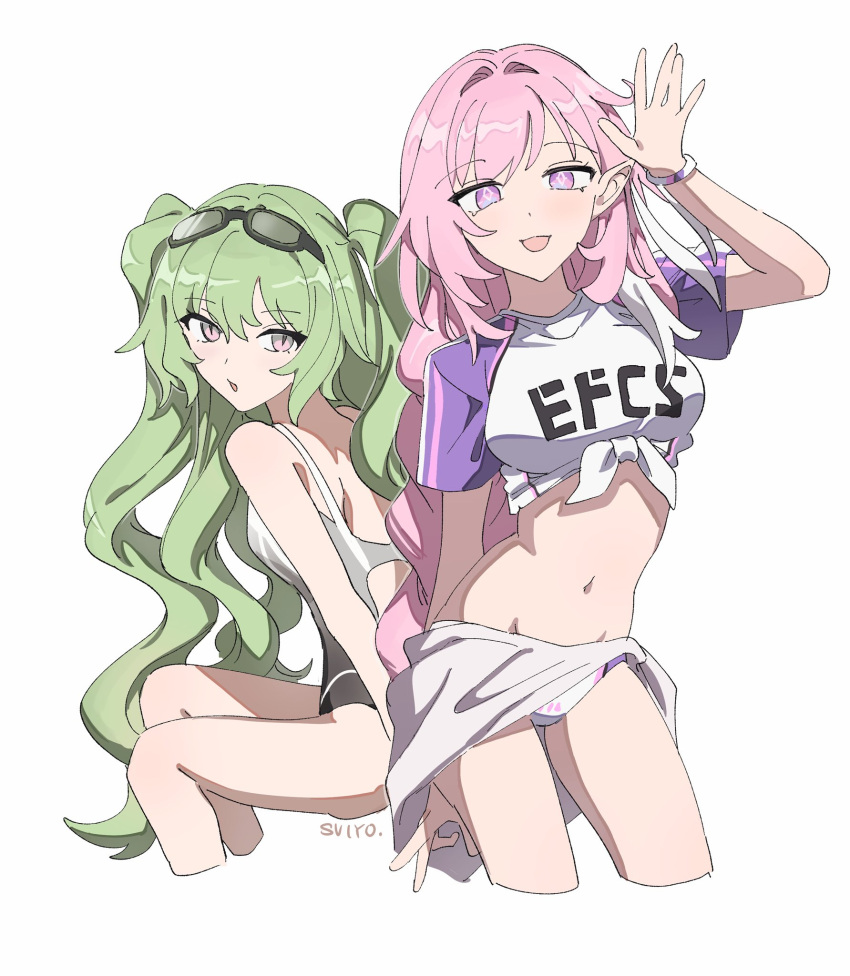 2girls arm_up artist_name bare_legs bare_shoulders black_one-piece_swimsuit breasts buruma clothes_writing cropped_legs elf elysia_(herrscher_of_human:_ego)_(honkai_impact) elysia_(honkai_impact) goggles goggles_on_head green_hair highres honkai_(series) honkai_impact_3rd large_breasts long_hair looking_at_viewer mobius_(honkai_impact) multiple_girls navel official_alternate_costume one-piece_swimsuit open_mouth pink_hair pointy_ears purple_eyes purple_shirt sarong shirt short_sleeves slit_pupils small_breasts smile stomach swimsuit thighs tied_shirt two-tone_shirt uehara_suiyo white_background white_buruma white_sarong white_shirt