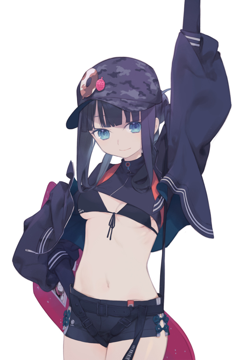 absurdres arm_up badge baseball_cap bikini bikini_under_clothes black_bikini black_jacket black_shirt black_shorts blue_eyes breasts button_badge camouflage camouflage_headwear cropped_jacket cropped_shirt daisi_gi fate/grand_order fate_(series) female grey_hat hat highres instrument_case jacket long_hair long_sleeves looking_at_viewer medium_breasts navel purple_hair shirt short_shorts shorts sidelocks smile solo swimsuit thighs yang_guifei_(event_portrait)_(fate) yang_guifei_(fate)