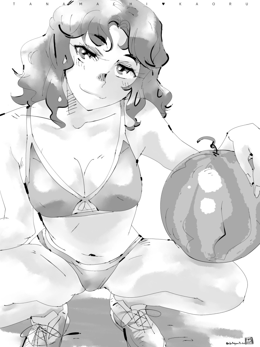 amagami bikini breasts character_name cleavage closed_mouth collarbone curly_hair female food fruit greyscale highres holding_watermelon looking_at_viewer medium_breasts messy_hair mike156 monochrome navel parted_bangs shoes signature smile smug sneakers solo squatting swimsuit tanamachi_kaoru thighhighs watermelon wavy_hair