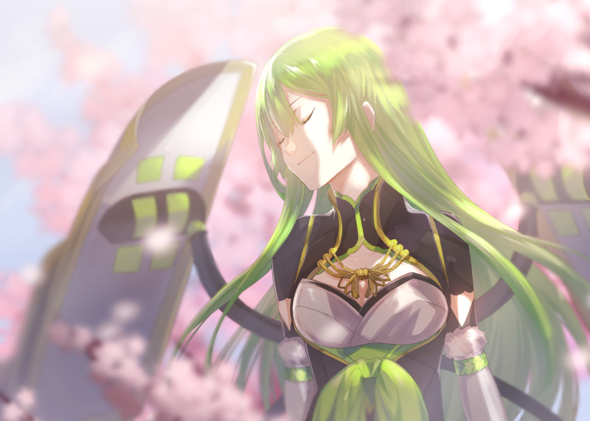 armor blunt_bangs blurry blurry_background cherry_blossoms cleavage_cutout closed_eyes closed_mouth clothing_cutout falling_petals female floating_hair fur_trim green_hair green_sash highres hizamaru_(tenka_hyakken) japanese_armor long_hair onasu_(sawagani) outdoors petals rope sash short_sleeves shoulder_armor sidelighting smile sode solo sunlight tenka_hyakken upper_body