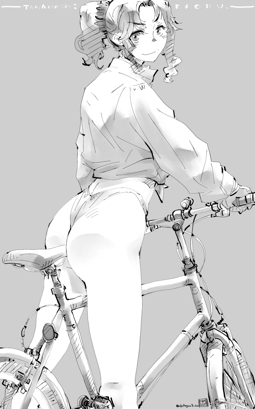 alternate_costume alternate_hairstyle amagami ass bicycle character_name closed_mouth collared_shirt curly_hair feet_out_of_frame female from_behind grey_background greyscale highres leggings looking_at_viewer looking_back messy_hair mike156 monochrome parted_bangs riding riding_bicycle shirt short_hair simple_background solo standing tanamachi_kaoru wavy_hair