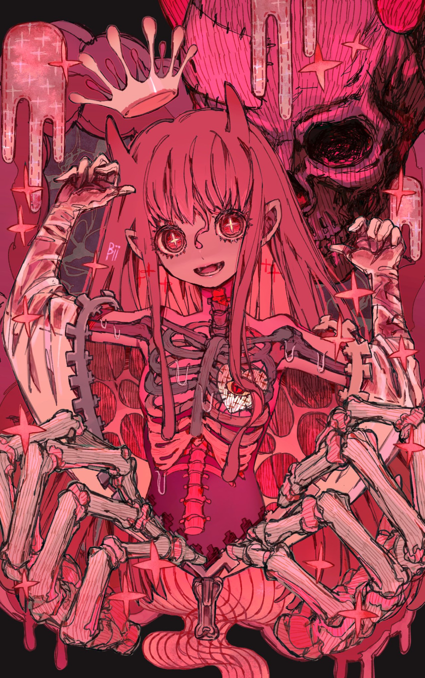 commentary_request cross-shaped_pupils fangs female floating_crown hariopipixxx highres horns intestines long_hair looking_at_viewer original pink_hair pink_theme pointy_ears red_eyes see-through_body skull solo symbol-shaped_pupils upper_body zipper