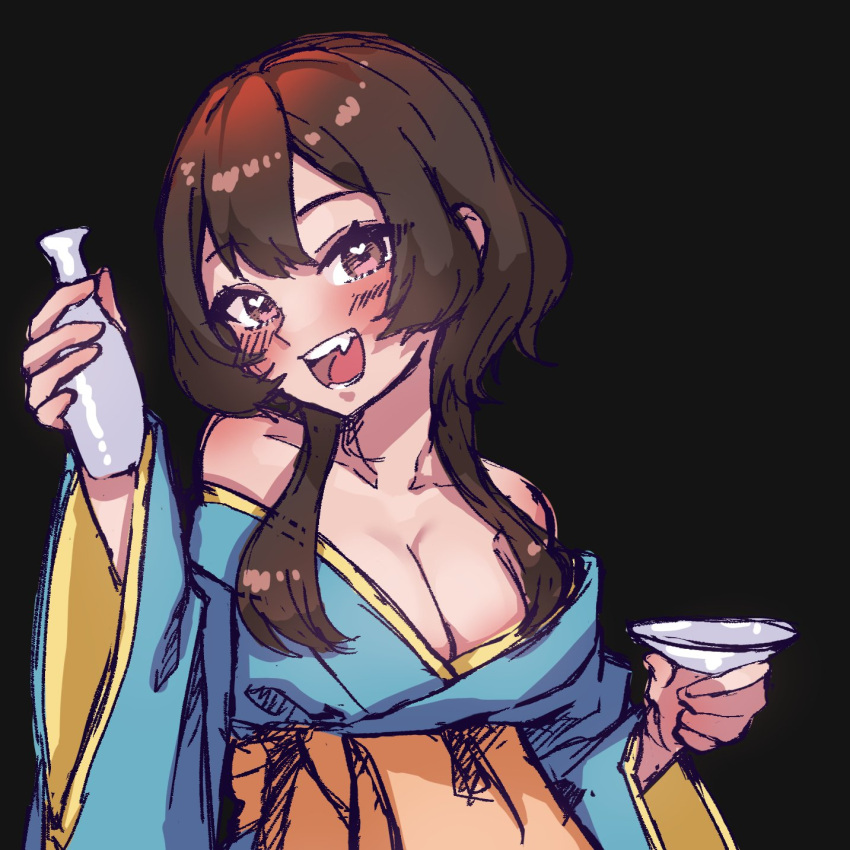 aqua_kimono blush bonnouji_momoha bottle breasts brown_eyes brown_hair cleavage cup female heart heart_in_eye highres holding holding_bottle holding_cup japanese_clothes kimi_no_koto_ga_dai_dai_dai_dai_daisuki_na_100-nin_no_kanojo kimono large_breasts long_hair obi oerba_yun_fang off_shoulder open_mouth orange_sash sakazuki sano_ikiro sash solo symbol_in_eye tokkuri upper_body