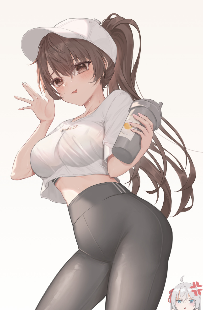 2girls absurdres alisa_mikhailovna_kujou anger_vein baseball_cap black_hair black_leggings blush bottle breasts brown_hair drink gofun_juku_no_ni_tsutsumi hair_between_eyes hat highres holding holding_bottle holding_drink large_breasts leggings long_hair looking_at_viewer midriff multiple_girls navel ponytail short_sleeves smile solo_focus suou_yuki tokidoki_bosotto_roshia-go_de_dereru_tonari_no_alya-san white_hat