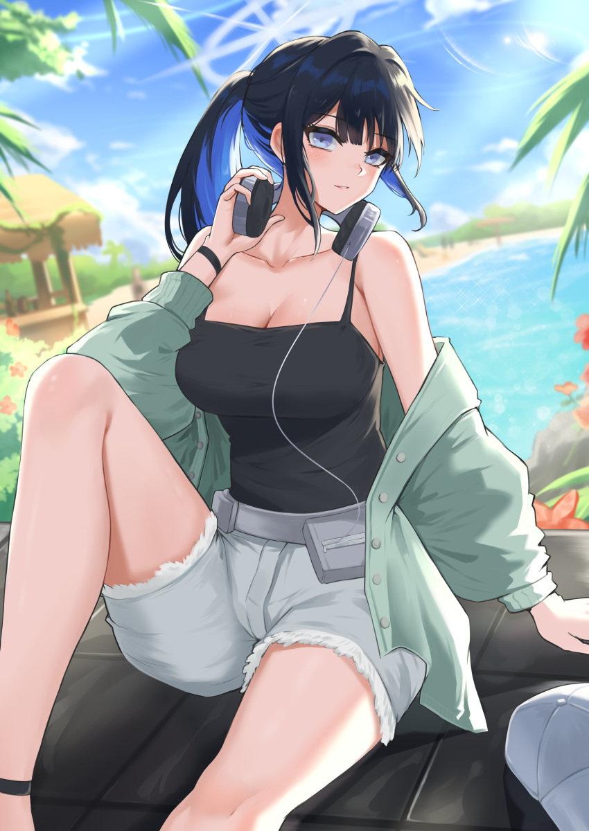 absurdres bare_shoulders baseball_cap beach black_camisole black_hair blue_archive blue_eyes blue_sky breasts camisole cleavage cutoffs female green_jacket grey_shorts halo hat headphones headphones_around_neck highres jacket large_breasts long_hair long_sleeves looking_at_viewer off_shoulder open_clothes open_jacket ponytail saori_(blue_archive) saori_(swimsuit)_(blue_archive) short_shorts shorts sidelocks sitting sky solo thighs unique_(pixiv12704744) unworn_hat unworn_headwear white_hat