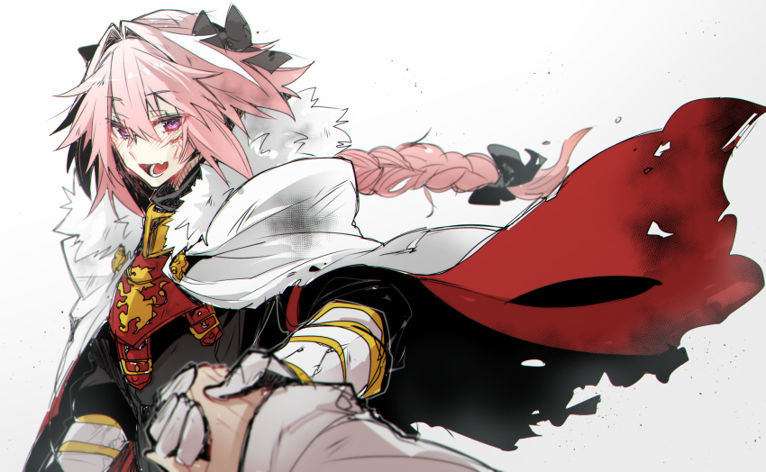 1boy astolfo_(fate) black_bow black_sweater blush bow braid burnt_clothes cape dress_shirt fate/apocrypha fate_(series) fur-trimmed_cape fur_trim gauntlets gorget hair_between_eyes hair_intakes hairbow haoro highres holding_hands long_braid long_hair lower_teeth_only male_focus multicolored_hair oerba_yun_fang open_mouth otoko_no_ko pink_hair pov pov_hands purple_eyes shirt sieg_(fate) simple_background single_braid skin_fang smile streaked_hair sweater teeth torn_cape torn_clothes two-sided_cape two-sided_fabric two-tone_hair upper_body white_background white_cape white_hair white_shirt