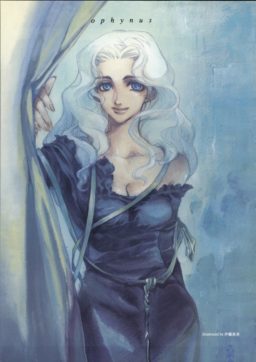 1990s_(style) absurdres blue_dress blue_eyes blue_hair breasts cleavage collarbone comic_kairakuten cowboy_shot curtains dress female gradient_hair highres itou_mami lips long_hair long_sleeves looking_at_viewer mature_female medium_breasts multicolored_hair non-web_source nose off_shoulder original retro_artstyle ribbon smile solo traditional_media wavy_hair white_hair