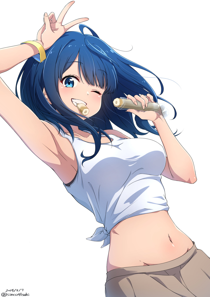 absurdres armpits blue_eyes blue_hair bracelet breasts chikuwa commentary_request female food highres jewelry make_heroine_ga_oo_sugiru! medium_breasts medium_hair midriff mouth_hold navel nishizuki_shino one_eye_closed shirt simple_background solo tied_shirt v white_background white_hair yanami_anna yellow_bracelet