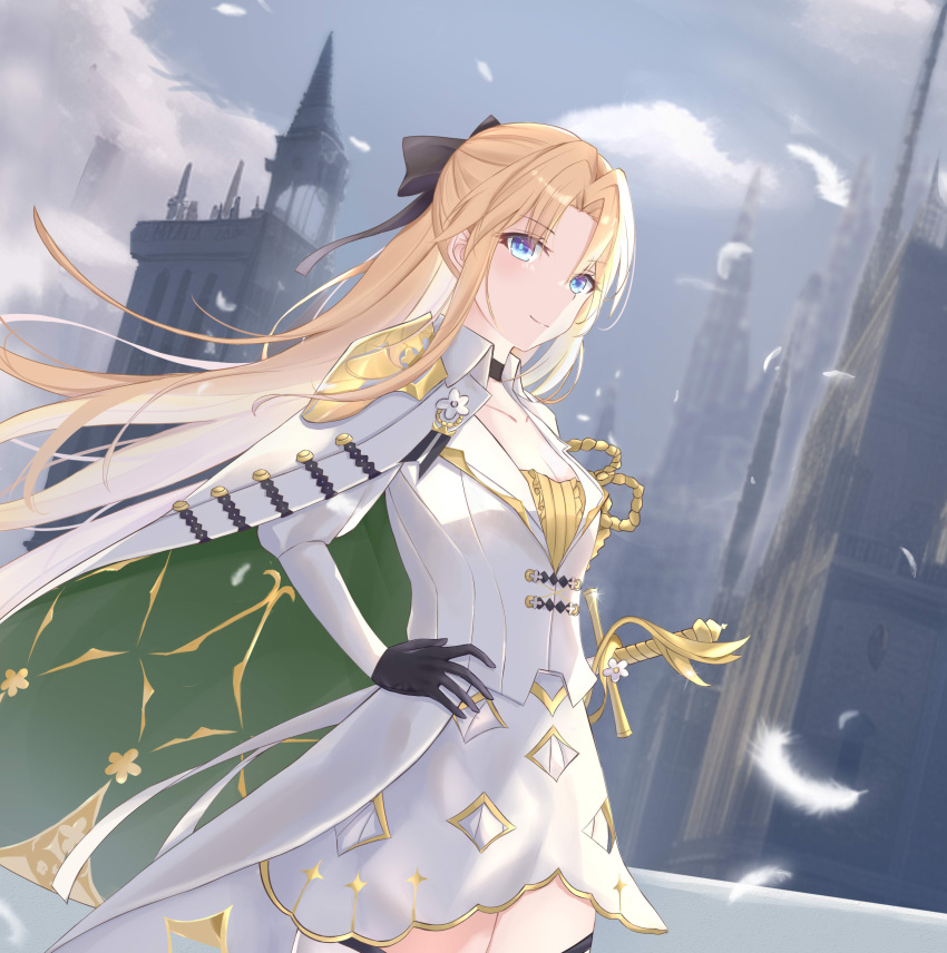 absurdres azur_lane black_bow black_gloves blonde_hair blue_eyes bow breasts cape cleavage cowboy_shot dress dutch_angle feathers female floating_hair gloves gold_trim hairbow hand_on_own_hip highres long_hair sheath sheathed small_breasts solo sword vanguard_(azur_lane) very_long_hair weapon white_cape white_dress white_feathers wumin-x