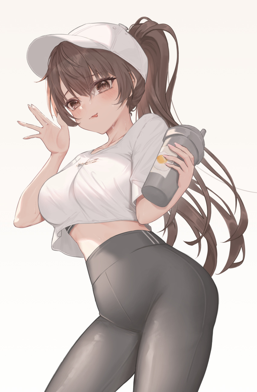 absurdres baseball_cap black_hair black_leggings blush bottle breasts brown_hair drink female gofun_juku_no_ni_tsutsumi hair_between_eyes hat highres holding holding_bottle holding_drink large_breasts leggings long_hair looking_at_viewer midriff navel ponytail short_sleeves smile solo suou_yuki tokidoki_bosotto_roshia-go_de_dereru_tonari_no_alya-san white_hat