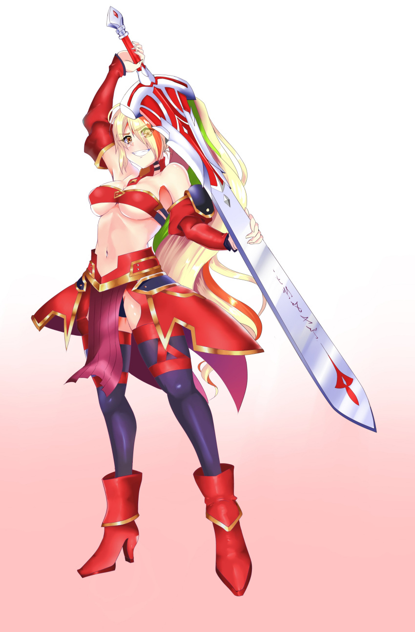 absurdres aioria18991 armor arms_up bare_shoulders black_panties blonde_hair boots breasts cosplay eyes_visible_through_hair female full_body gradient_background highres holding holding_sword holding_weapon loincloth long_hair midriff mordred_(fate) mordred_(fate/apocrypha) mordred_(fate/apocrypha)_(cosplay) multicolored_hair navel nikaidou_saki orange_eyes panties ponytail red_armor simple_background small_breasts smile solo standing sword teeth thighhighs underboob underwear weapon zombie_land_saga