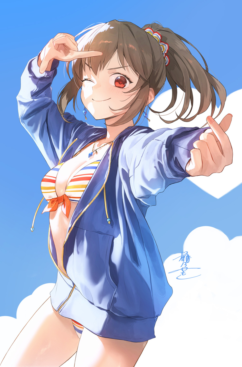 ;) bikini bikini_under_clothes blue_jacket breasts brown_hair cleavage cloud female finger_gun finger_heart heart highres hori_yuko idolmaster idolmaster_cinderella_girls jacket jacket_over_swimsuit looking_at_viewer medium_breasts okeno_kamoku one_eye_closed ponytail red_eyes signature smile solo striped_bikini striped_clothes swimsuit