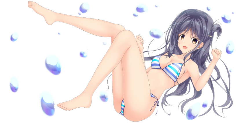 bikini black_hair breasts brown_eyes cleavage commentary_request female folded_hair full_body high_school_fleet highres long_hair looking_at_viewer marikouji_kaede medium_breasts one_side_up ronta_rukia side-tie_bikini_bottom simple_background smile solo striped_bikini striped_clothes swimsuit water_drop white_background