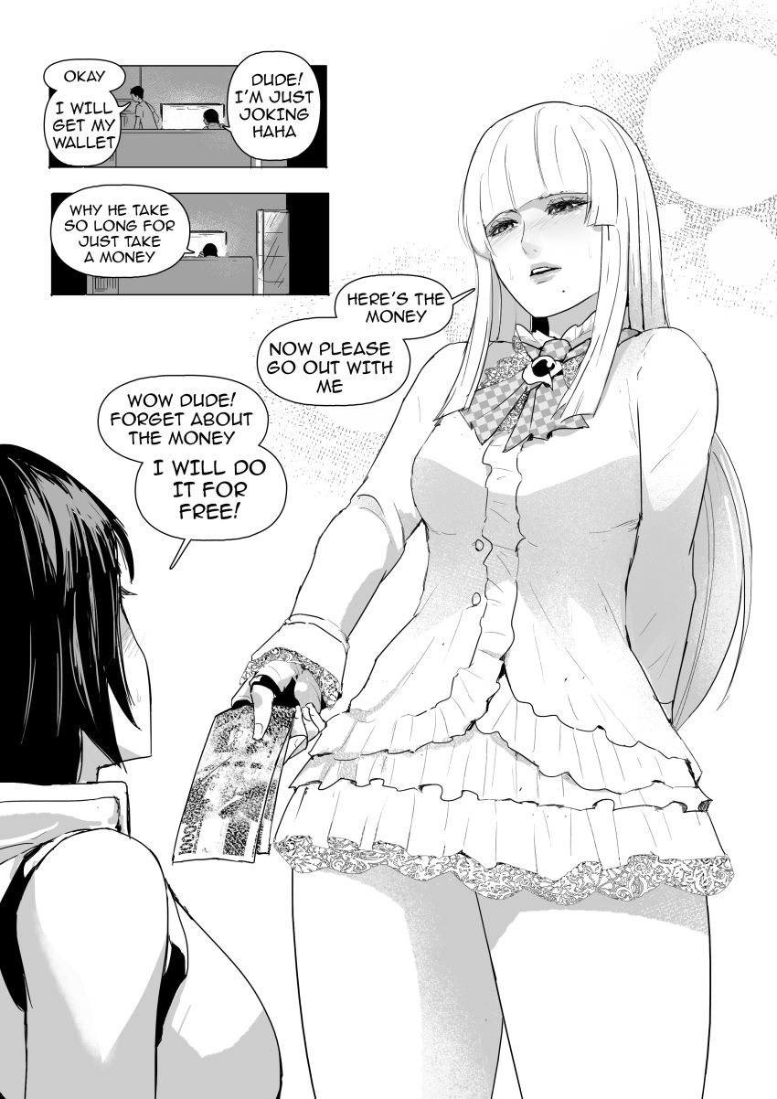 2boys absurdres blush breast_padding breasts cirenk commentary cosplay crossdressing english_commentary english_text greyscale highres holding holding_money kazama_asuka kazama_asuka_(cosplay) large_breasts lili_(tekken) lili_(tekken)_(cosplay) lips long_hair male_focus mole mole_under_mouth money monochrome multiple_boys necktie original otoko_no_ko speech_bubble sweatdrop tekken yaoi