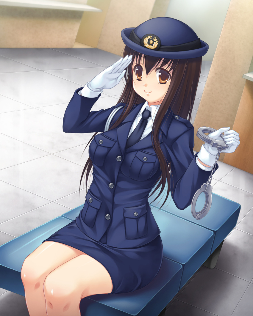 aocchi bench black_necktie brown_eyes brown_hair cuffs female gloves hair_between_eyes hand_up handcuffs hat highres holding holding_handcuffs indoors long_hair long_sleeves looking_at_viewer miniskirt necktie official_art pencil_skirt peropero_saimin pocket police police_hat police_uniform policewoman salute sitting skirt smile solo tile_floor tiles uniform white_gloves