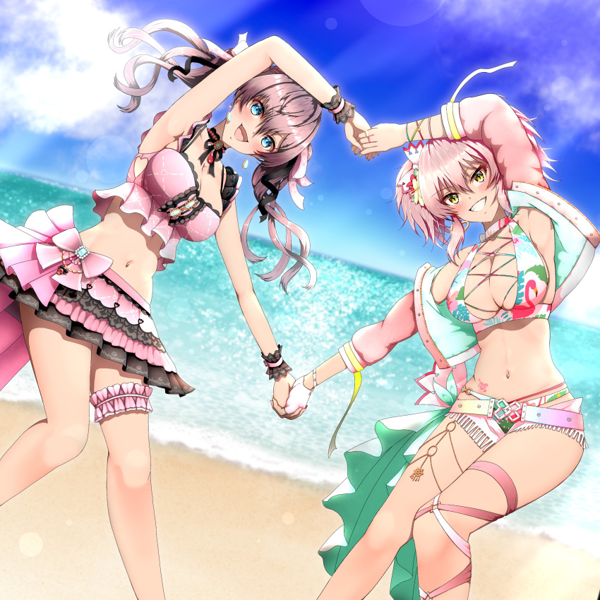 2girls :d absurdres arm_up armpits bad_id bad_pixiv_id beach bikini bikini_under_clothes black_ribbon blue_eyes blue_sky blurry blurry_background bracelet breasts brown_hair cleavage clothing_cutout day earrings gem grey_skirt grin hair_between_eyes hair_ribbon heart_arms_duo heart_cutout highres hitofudegaki_usagi holding_hands ichinose_shiki idolmaster idolmaster_cinderella_girls interlocked_fingers jacket jewelry jougasaki_mika large_breasts leg_ribbon lens_flare long_hair looking_at_viewer medium_breasts micro_shorts midriff miniskirt multi-strapped_bikini multicolored_clothes multicolored_skirt multiple_girls navel neck_ribbon o-ring o-ring_bikini ocean open_clothes open_jacket open_shorts outdoors pendant pink_bikini pink_hair pink_jacket pink_ribbon pink_skirt pleated_skirt print_bikini print_skirt red_gemstone ribbon ring shorts sidelocks skirt sky smile standing stomach sunlight swimsuit thigh_ribbon thigh_strap twintails white_shorts wrist_cuffs yellow_eyes