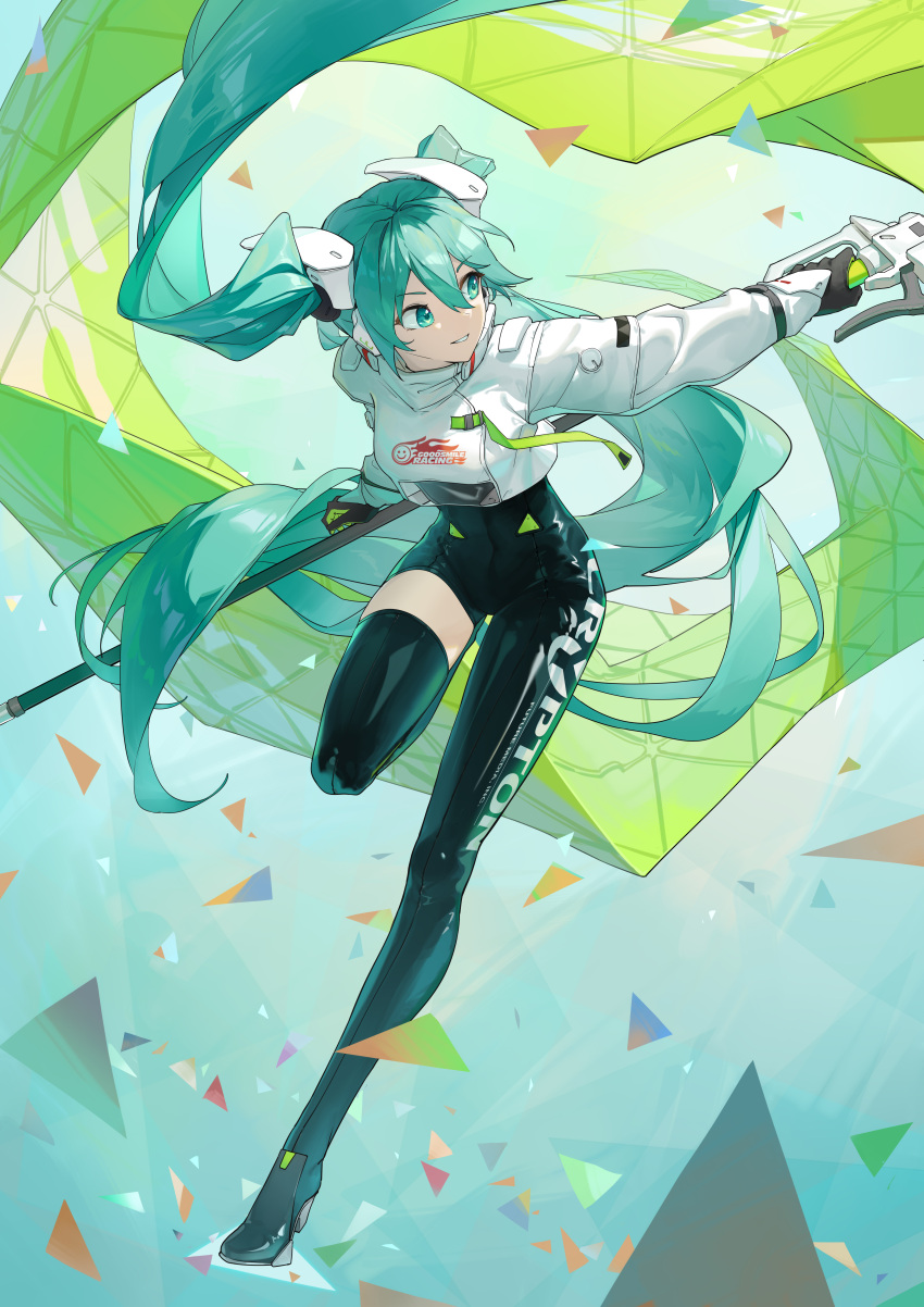 absurdres asymmetrical_bodysuit black_bodysuit black_gloves bodysuit boots commentary_request cropped_jacket female flag flagpole floating_hair full_body gloves green_flag green_gloves hatsune_miku highres holding holding_flag holding_pole jacket latex latex_bodysuit long_sleeves looking_to_the_side ly.t pole race_queen racing_miku racing_miku_(2022) single_leg_bodysuit single_thigh_boot single_thighhigh smile solo standing standing_on_one_leg text_print thigh_boots thighhighs twintails two-tone_gloves vocaloid white_jacket