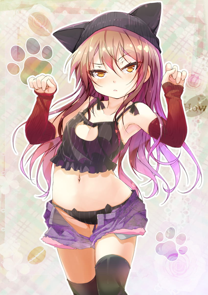 animal_ears animal_hat armpits bare_shoulders beanie black_camisole black_hat black_panties black_thighhighs breasts brown_eyes brown_hair cafe-chan_to_break_time cafe_(cafe-chan_to_break_time) camisole cat_cutout cat_day cat_ears cat_lingerie cleavage_cutout clothing_cutout collarbone commentary_request detached_sleeves fake_animal_ears female gradient_hair hair_between_eyes hands_up hat highres long_hair long_sleeves looking_at_viewer meme_attire multicolored_hair navel open_clothes open_fly open_shorts panties porurin purple_hair purple_shorts red_sleeves short_shorts shorts sleeves_past_wrists small_breasts solo thighhighs underwear very_long_hair