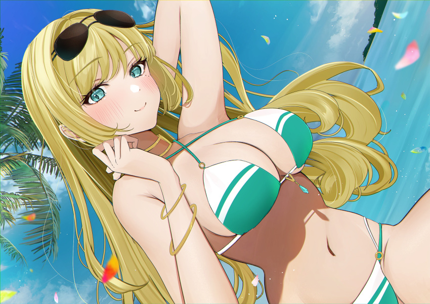 arm_up armpits bad_id bad_pixiv_id bangle bare_shoulders bikini blonde_hair blue_eyes bracelet breasts cleavage collar criss-cross_halter dusk_diver dutch_angle eyewear_on_head female green_bikini halterneck highres jewelry large_breasts le_viada long_hair looking_at_viewer mole mole_under_eye multi-strapped_bikini navel outdoors smile solo stomach string_bikini sunglasses swimsuit uiri-na