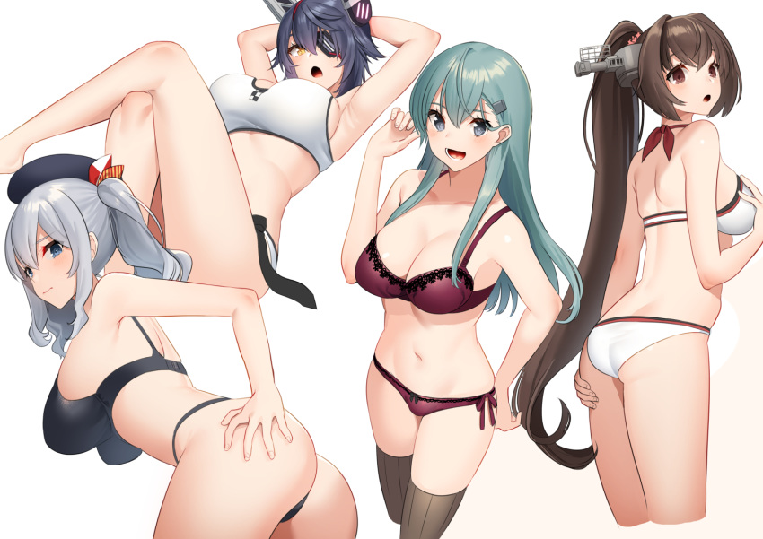 4girls akagi_kurage aqua_hair arms_behind_back ass beret bikini black_bra black_panties blush bra breasts brown_hair brown_legwear cleavage closed_mouth commentary_request cropped_legs crossed_legs duplicate eyepatch grey_hair hair_ornament hairclip hand_on_own_chest hat headgear highres kantai_collection kashima_(kancolle) large_breasts long_hair multiple_girls official_alternate_costume open_mouth panties pixel-perfect_duplicate ponytail purple_bra purple_hair purple_panties short_hair sidelocks suzuya_(kancolle) swimsuit tenryuu_(kancolle) tenryuu_(swimsuit_mode)_(kancolle) thighhighs twintails underwear yamato_(kancolle)