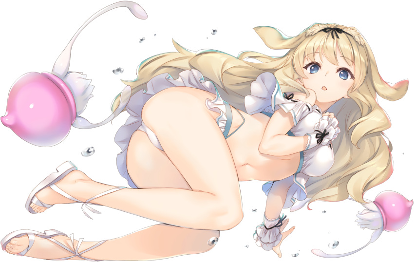 animal_ears ass bikini bikini_skirt blonde_hair blue_eyes breasts female full_body highres jellyfish kusugawa_sasara long_hair looking_at_viewer lying medium_breasts navel non-web_source official_art open_mouth photoshop_(medium) sandals simple_background solo swimsuit to_heart_(series) to_heart_2 water_drop white_background white_footwear wrist_cuffs