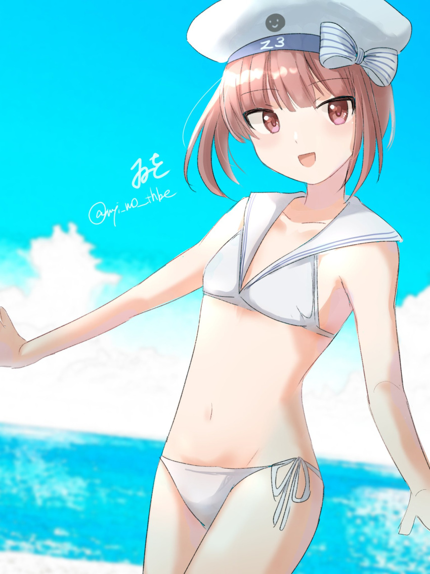 artist_name bikini blue_sky brown_eyes brown_hair cloud cowboy_shot day female hat highres horizon kantai_collection looking_at_viewer lowleg lowleg_bikini one-hour_drawing_challenge outdoors sailor_bikini sailor_collar sailor_hat short_hair side-tie_bikini_bottom sky smile smiley_face solo standing swimsuit twitter_username white_bikini white_hat wiwo z3_max_schultz_(kancolle) z3_max_schultz_(swimsuit_mode)_(kancolle)