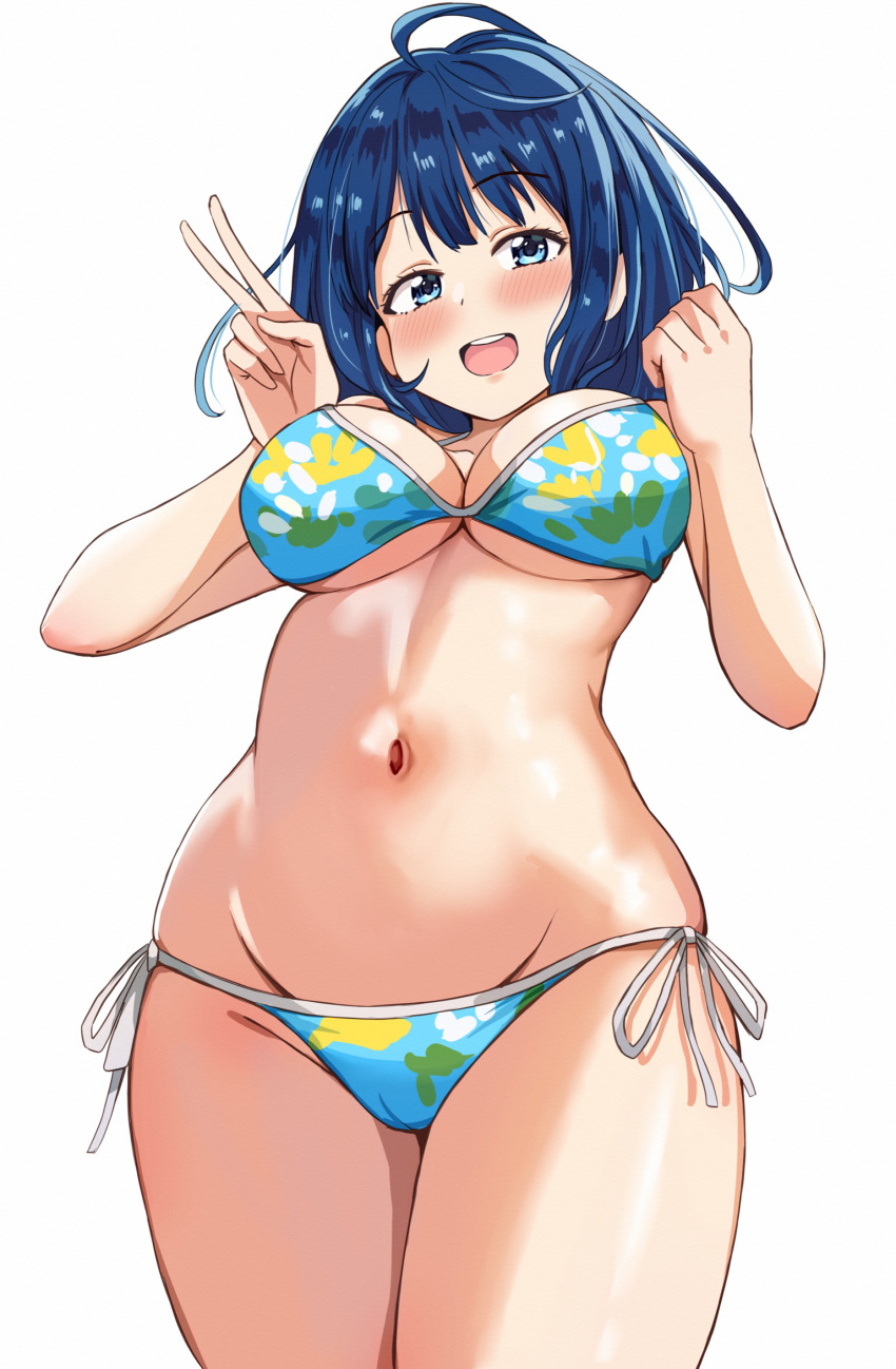 ahoge bikini blue_bikini blue_eyes blue_hair breasts female groin highres large_breasts make_heroine_ga_oo_sugiru! medium_hair multicolored_bikini multicolored_clothes navel nootomo open_mouth round_teeth side-tie_bikini_bottom simple_background smile solo swimsuit teeth upper_teeth_only v white_background yanami_anna