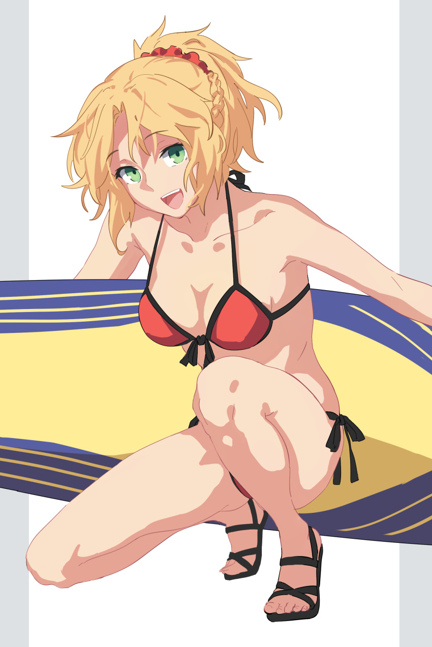 absurdres bare_shoulders bikini blonde_hair blush braid breasts cleavage collarbone das_(dan_dan) fate/grand_order fate_(series) female green_eyes highres legs long_hair looking_at_viewer medium_breasts mordred_(fate) mordred_(swimsuit_rider)_(fate) mordred_(swimsuit_rider)_(first_ascension)_(fate) navel open_mouth parted_bangs ponytail prydwen_(fate) red_bikini sandals sidelocks smile solo surfboard swimsuit thighs toenails toes