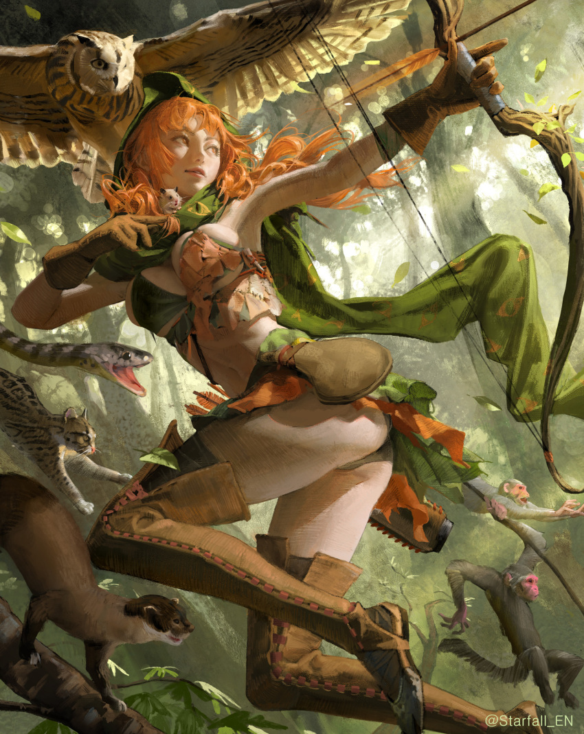 aiming animal armpits arms_up arrow_(projectile) ass bag bird boots bow_(weapon) bra breasts brown_footwear brown_gloves character_request cleavage copyright_request day fantasy feline female ferret floating_clothes floating_hair forest full_body gloves green_bra green_hood green_skirt hatching_(texture) highres holding holding_bow_(weapon) holding_weapon hood large_breasts leaf legs_up lips long_hair looking_to_the_side medium_breasts midair midriff monkey nature navel open_mouth orange_eyes orange_hair outdoors outstretched_arm owl panties pantyshot parted_lips pouch quiver sangsoo_jeong sideboob signature skindentation skirt snake solo thighhighs thighs tree underwear weapon wind