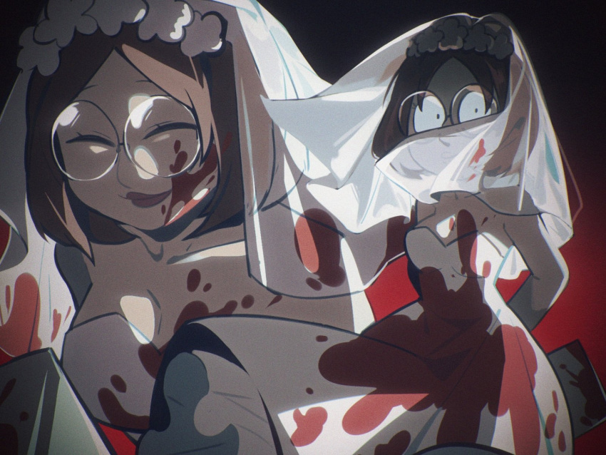 blood blood_on_clothes blood_on_dress breasts bridal_veil brown_hair dress family_guy female glasses highres holding holding_knife knife large_breasts meg_griffin multiple_views round_eyewear tian_niunai_hezi veil wedding_dress white_dress