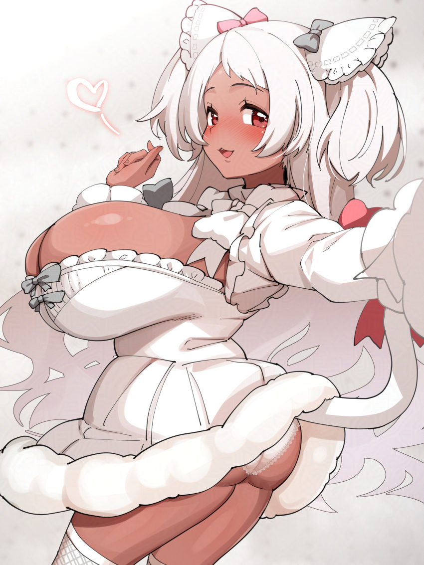 ass ayagi_daifuku blush bow breasts cleavage cowboy_shot dark-skinned_female dark_skin dress female from_side fur-trimmed_dress fur_trim grey_bow heart highres huge_breasts indie_virtual_youtuber looking_at_viewer nekobuki_kemuri open_mouth outstretched_arm panties pink_bow red_eyes solo spoken_heart tail tail_bow tail_ornament two_side_up underwear white_dress white_hair white_panties