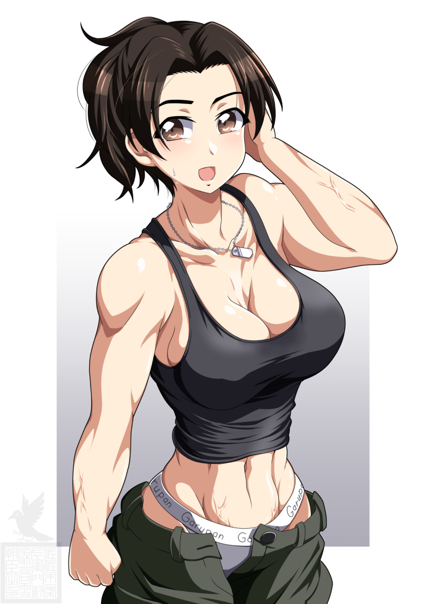 abs artist_logo black_tank_top breasts brown_eyes brown_hair cleavage commentary dog_tags female girls_und_panzer gradient_background grey_background grey_panties grey_pants groin hachiya_chitose hand_in_own_hair highres ichijou_takakiyo medium_breasts muscular muscular_female open_fly panties pants parted_bangs ponytail short_hair solo sports_panties sweatdrop tank_top underwear