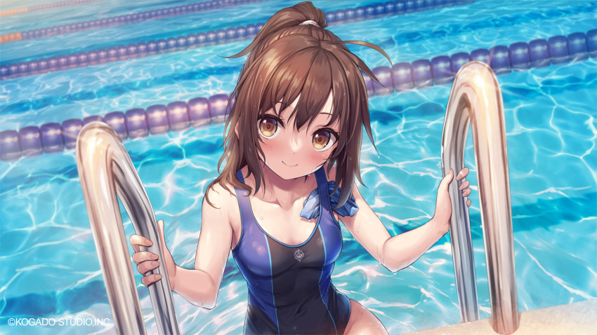 akkijin ayumu_(star_melody) blush breasts brown_eyes brown_hair collarbone competition_swimsuit female highres long_hair looking_at_viewer non-web_source one-piece_swimsuit ponytail pool small_breasts smile star_melody_yumemi_dreamer swimsuit water wet wet_hair